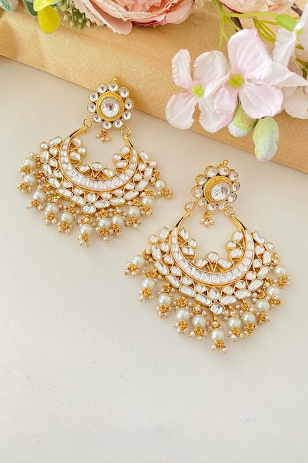 Shop_Namasya_White Beads, Diamonds Kundan Studded Chandbalis _at_Aza_Fashions