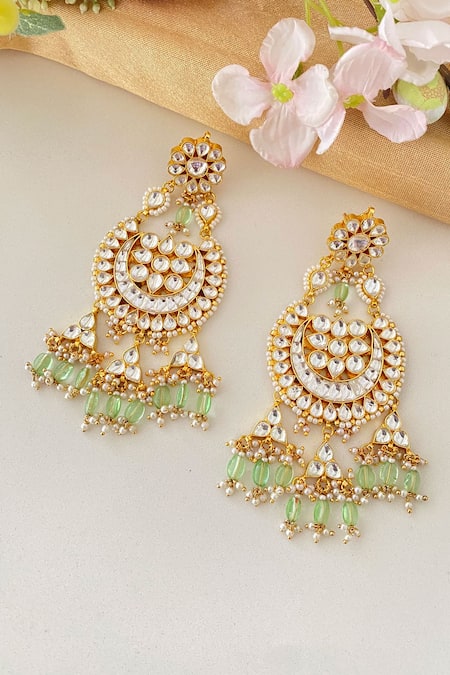 Shop Namasya Green Beads, Diamonds Drop Earrings at Aza Fashions Shop_Namasya_Green Beads, Diamonds Drop Earrings _at_Aza_Fashions