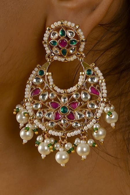 Shop Namasya Pink Beads, Stones Kundan Embellished Cutwork Earrings at Aza Fashions Shop_Namasya_Pink Beads, Stones Kundan Embellished Cutwork Earrings _at_Aza_Fashions