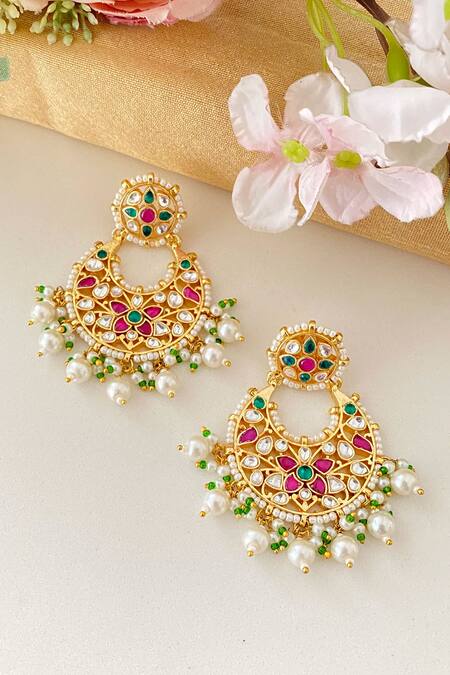 Namasya Pink Beads, Stones Kundan Embellished Cutwork Earrings Online at Aza Fashions Namasya_Pink Beads, Stones Kundan Embellished Cutwork Earrings _Online_at_Aza_Fashions