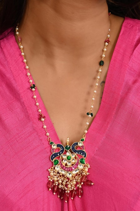 Namasya_Multi Color Beads, Diamonds Half Crescent Carved Pendant Necklace Set _Online_at_Aza_Fashions