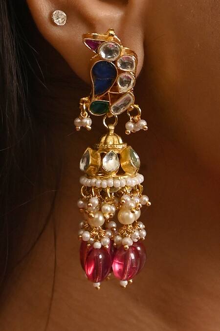 Buy_Namasya_Multi Color Beads, Diamonds Half Crescent Carved Pendant Necklace Set _Online_at_Aza_Fashions