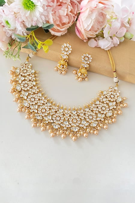 Shop Namasya Gold Plated Beads, Diamonds Kundan Embellished Necklace Set at Aza Fashions Shop_Namasya_Gold Plated Beads, Diamonds Kundan Embellished Necklace Set _at_Aza_Fashions