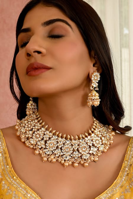 Namasya Gold Plated Beads, Diamonds Kundan Embellished Necklace Set Online at Aza Fashions Namasya_Gold Plated Beads, Diamonds Kundan Embellished Necklace Set _Online_at_Aza_Fashions