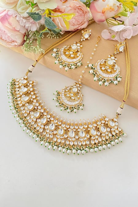 Shop Namasya Gold Plated Pearls, Beads, Gota Patti Embellished Necklace Set at Aza Fashions Shop_Namasya_Gold Plated Pearls, Beads, Gota Patti Embellished Necklace Set _at_Aza_Fashions