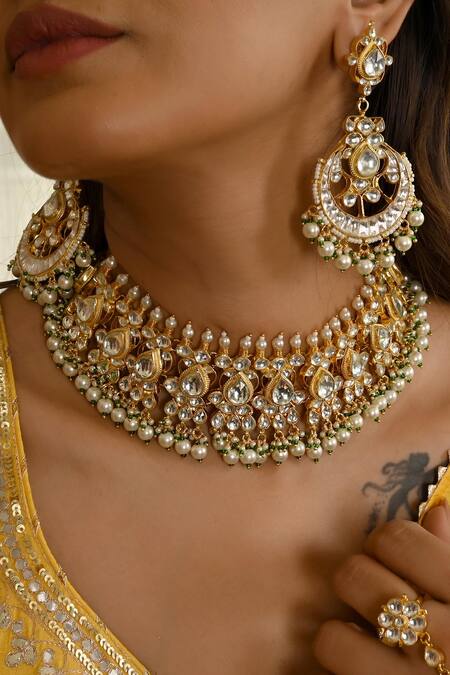 Namasya Gold Plated Pearls, Beads, Gota Patti Embellished Necklace Set Online at Aza Fashions Namasya_Gold Plated Pearls, Beads, Gota Patti Embellished Necklace Set _Online_at_Aza_Fashions