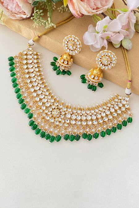 Shop_Namasya_Green Beads, Diamonds Kundan Studded Necklace Set _at_Aza_Fashions