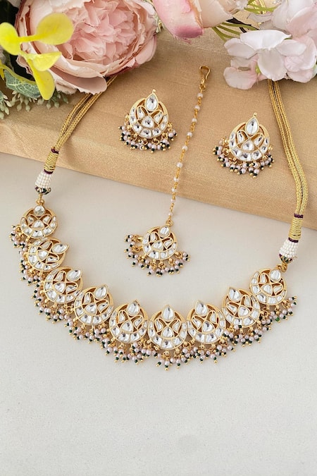 Shop_Namasya_Green Pearls, Gota Patti Half Crescent Carved Choker Set _at_Aza_Fashions