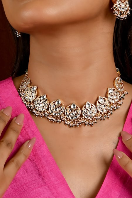 Namasya_Green Pearls, Gota Patti Half Crescent Carved Choker Set _Online_at_Aza_Fashions