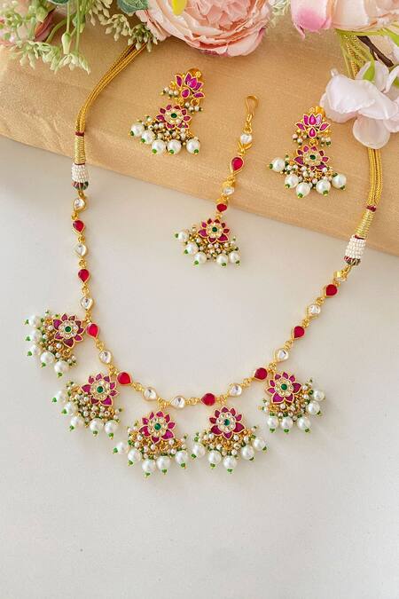 Shop_Namasya_Pink Beads, Diamonds Floral Carved Necklace Set _at_Aza_Fashions