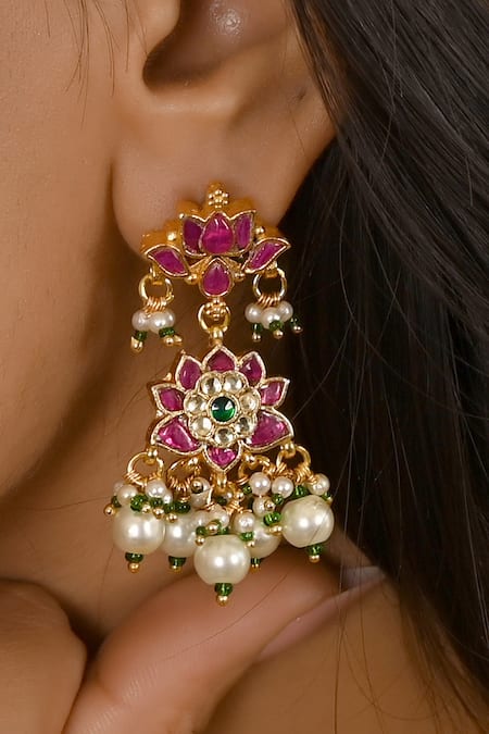 Namasya_Pink Beads, Diamonds Floral Carved Necklace Set _Online_at_Aza_Fashions