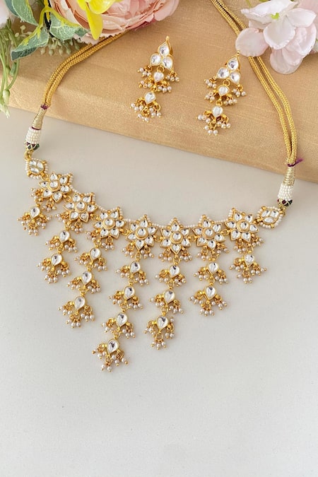 Shop Namasya Gold Plated Pearls, Diamonds, Stones Kundan Embellished Layered Necklace Set at Aza Fashions Shop_Namasya_Gold Plated Pearls, Diamonds, Stones Kundan Embellished Layered Necklace Set _at_Aza_Fashions