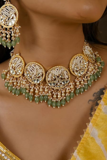 Namasya Green Kundan Peacock Carved Choker Set 