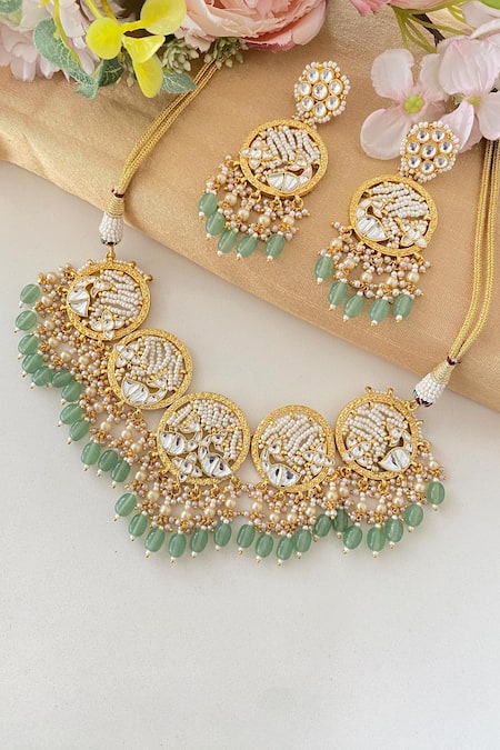 Shop_Namasya_Green Beads, Diamonds Peacock Carved Choker Set _at_Aza_Fashions