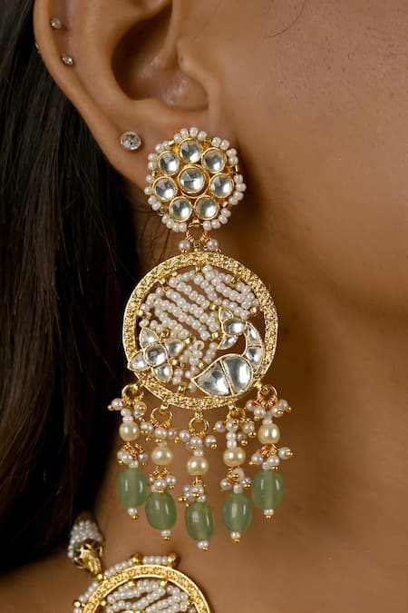 Namasya_Green Beads, Diamonds Peacock Carved Choker Set _Online_at_Aza_Fashions