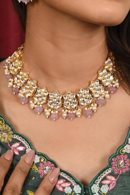 Namasya Purple Beads, Diamonds Floral Carved Choker Set Online at Aza Fashions Namasya_Purple Beads, Diamonds Floral Carved Choker Set _Online_at_Aza_Fashions