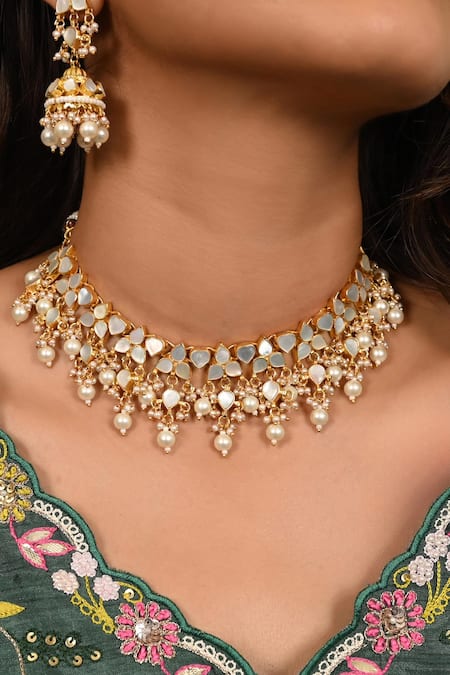 Namasya White Pearls, Stones Mother Of Embellished Necklace Set Online at Aza Fashions Namasya_White Pearls, Stones Mother Of Embellished Necklace Set _Online_at_Aza_Fashions