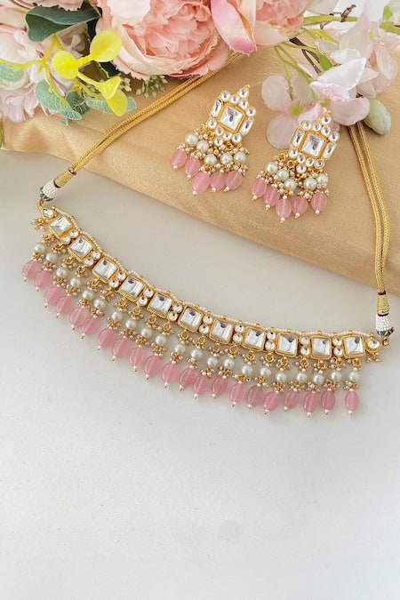 Shop_Namasya_Pink Beads Geometric Shaped Choker Set _at_Aza_Fashions