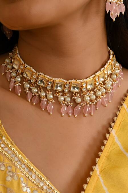 Namasya_Pink Beads Geometric Shaped Choker Set _Online_at_Aza_Fashions