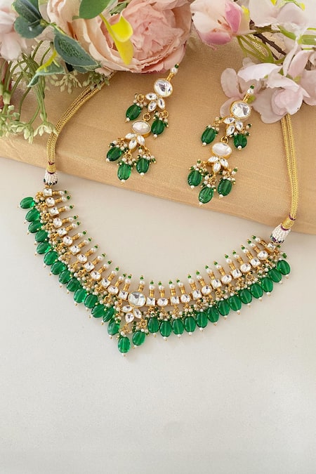 Shop_Namasya_Green Beads Kundan Studded Necklace Set _at_Aza_Fashions