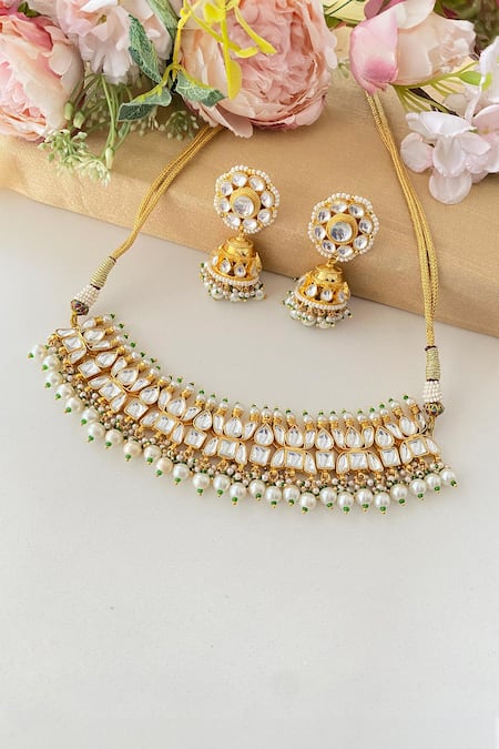 Shop_Namasya_White Beads Embellished Choker Set _at_Aza_Fashions