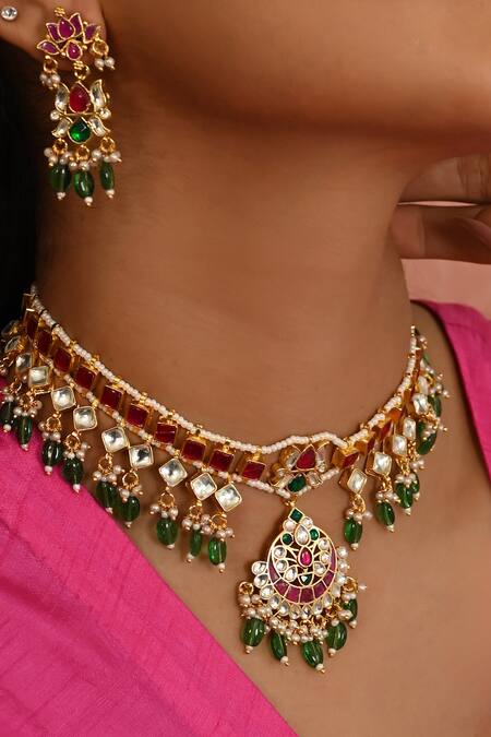 Namasya_Pink Beads, Diamonds Half Crescent Carved Pendant Necklace Set _Online_at_Aza_Fashions