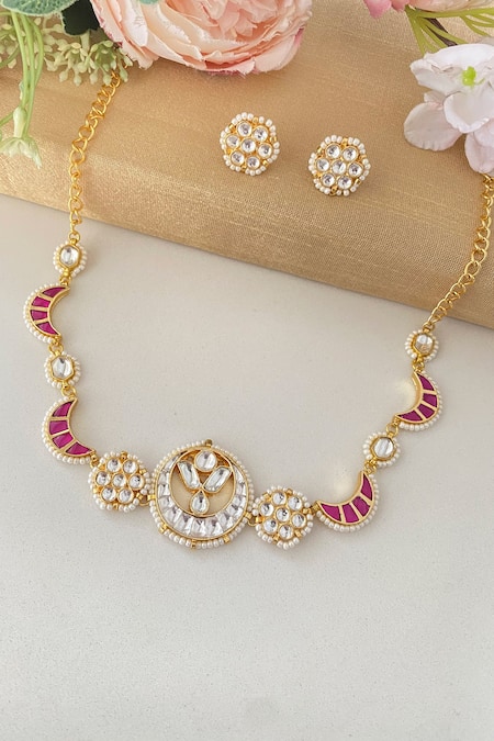 Shop_Namasya_Pink Beads Crescent Carved Choker Set _at_Aza_Fashions
