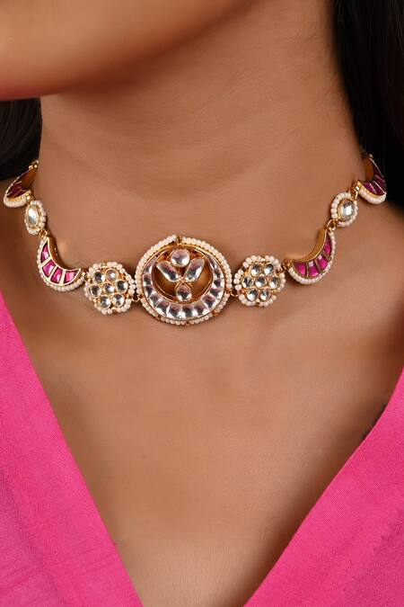 Namasya_Pink Beads Crescent Carved Choker Set _Online_at_Aza_Fashions