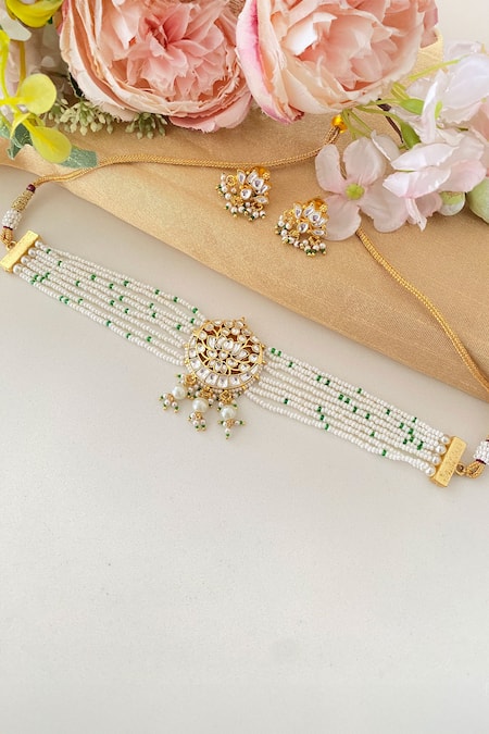 Shop_Namasya_White Pearls, Gota Patti Lotus Carved Pendant Choker Set _at_Aza_Fashions