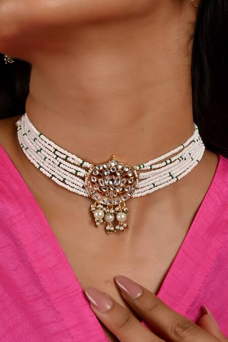 Namasya_White Pearls, Gota Patti Lotus Carved Pendant Choker Set _Online_at_Aza_Fashions
