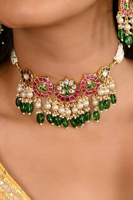 Namasya_Pink Beads Kundan Embellished Pendant Choker Set _Online_at_Aza_Fashions