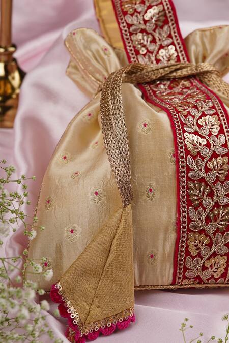 Swabhimann_Gold Embroidery Silk Butti Woven Potli _Online_at_Aza_Fashions