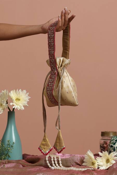 Shop_Swabhimann_Gold Embroidery Silk Butti Woven Potli _Online_at_Aza_Fashions