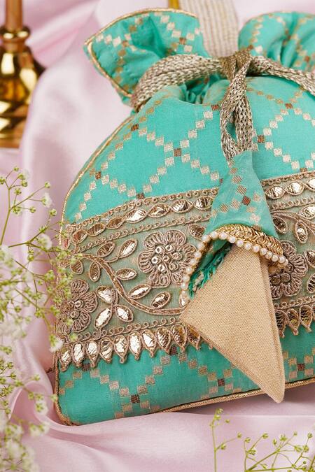 Swabhimann_Green Gota Patti, Pearls Brocade Checkered Embroidered Potli _Online_at_Aza_Fashions