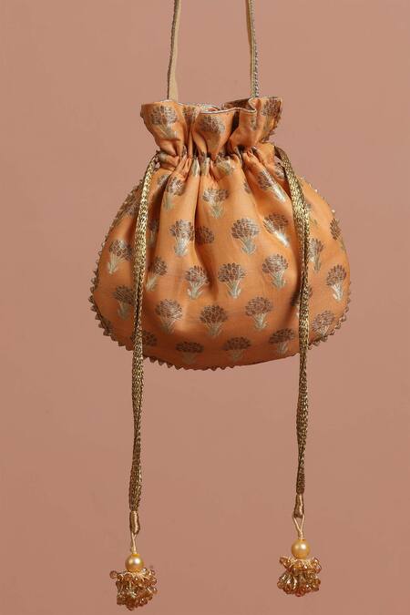 Buy Swabhimann Orange Embroidery Silk Floral Butti Woven Potli Online at Aza Fashions Buy_Swabhimann_Orange Embroidery Silk Floral Butti Woven Potli _Online_at_Aza_Fashions