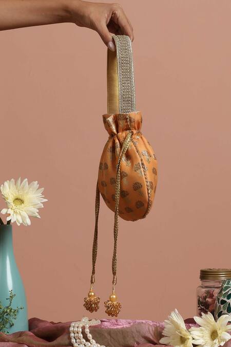 Shop Swabhimann Orange Embroidery Silk Floral Butti Woven Potli Online at Aza Fashions Shop_Swabhimann_Orange Embroidery Silk Floral Butti Woven Potli _Online_at_Aza_Fashions