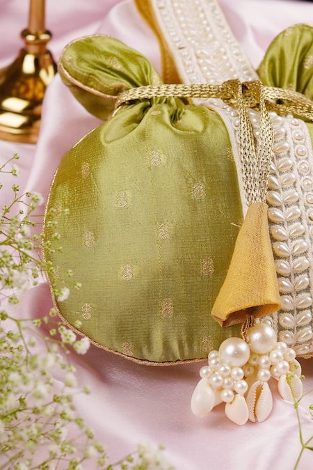 Swabhimann_Green Embroidery, Beads Silk Woven Butti Potli _Online_at_Aza_Fashions