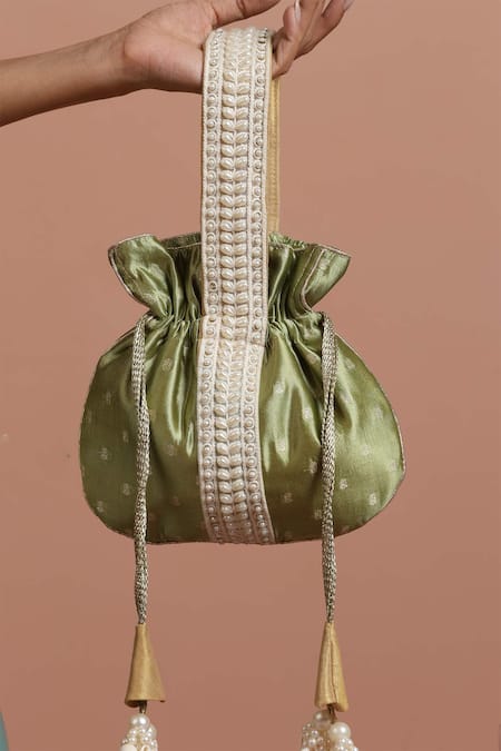 Buy_Swabhimann_Green Embroidery, Beads Silk Woven Butti Potli _Online_at_Aza_Fashions