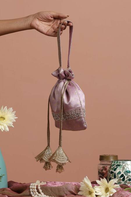 Swabhimann_Purple Embroidery, Beads Silk Woven Patchwork Embellished Potli _Online_at_Aza_Fashions