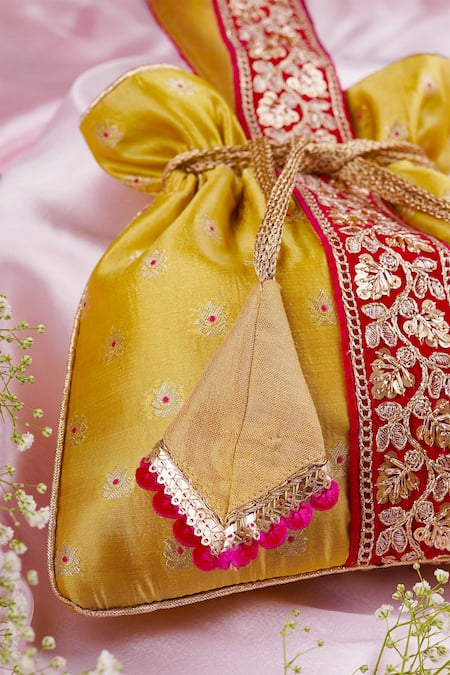 Swabhimann_Yellow Embroidery Silk Handle Potli _Online_at_Aza_Fashions