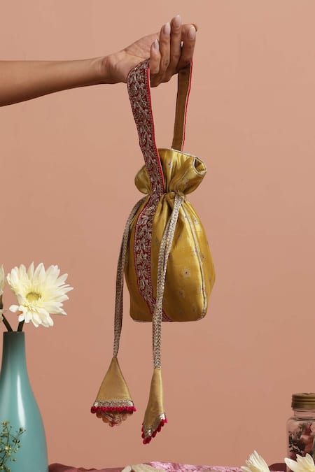 Shop Swabhimann Yellow Embroidery Silk Handle Potli Online at Aza Fashions Shop_Swabhimann_Yellow Embroidery Silk Handle Potli _Online_at_Aza_Fashions