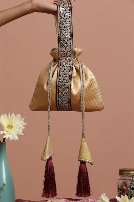 Buy_Swabhimann_Gold Embroidery, Sequins Handle Potli _Online_at_Aza_Fashions