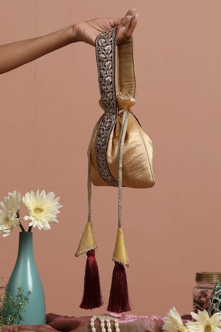 Shop_Swabhimann_Gold Embroidery, Sequins Handle Potli _Online_at_Aza_Fashions