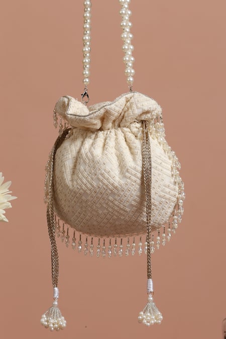 Swabhimann White Embroidery, Beads Broken Stripe Potli Online at Aza Fashions Swabhimann_White Embroidery, Beads Broken Stripe Potli _Online_at_Aza_Fashions