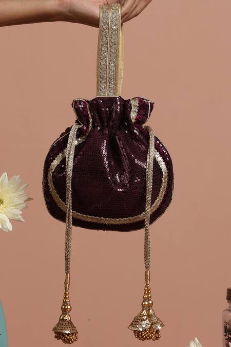 Buy_Swabhimann_Wine Sequins, Lace Embellished Potli _Online_at_Aza_Fashions