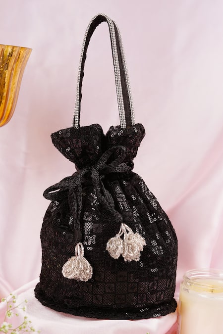 Shop_Swabhimann_Black Sequins, Stones Checkered Embellished Potli _at_Aza_Fashions