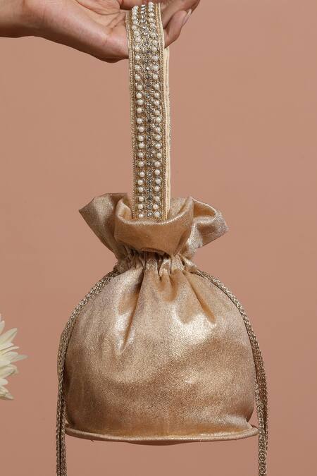 Swabhimann Gold Pearls, Glitter Embellished Handle Metallic Potli Online at Aza Fashions Swabhimann_Gold Pearls, Glitter Embellished Handle Metallic Potli_Online_at_Aza_Fashions