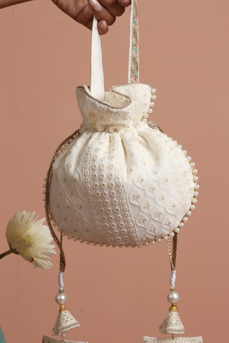 Swabhimann_White Embroidery, Pearls Floral Jaal Potli _Online_at_Aza_Fashions