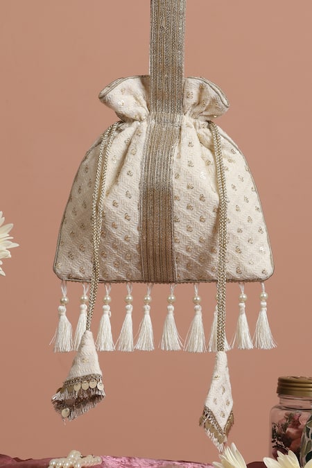 Swabhimann_White Pearls, Sequins Foliage Vine Embroidered Potli _Online_at_Aza_Fashions
