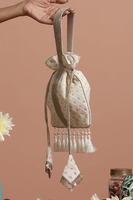 Buy_Swabhimann_White Pearls, Sequins Foliage Vine Embroidered Potli _Online_at_Aza_Fashions